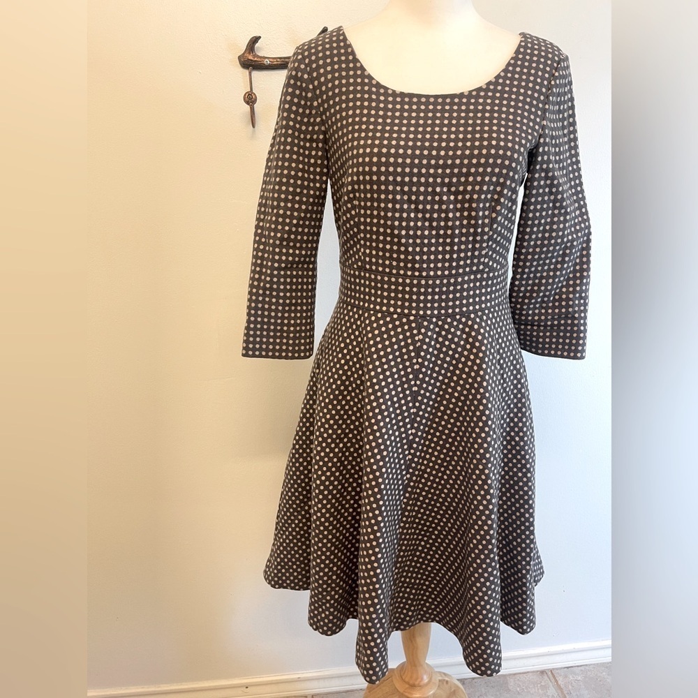 Boden Kate Dress Taupe Polka Dot Wool Blend Fit & Flare | Size 4R